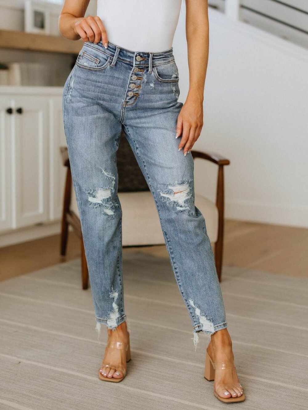 JUDY BLUE High Rise Distressed Button Fly Boyfriend Jeans | Size: 0/24 - Picture 7 of 12